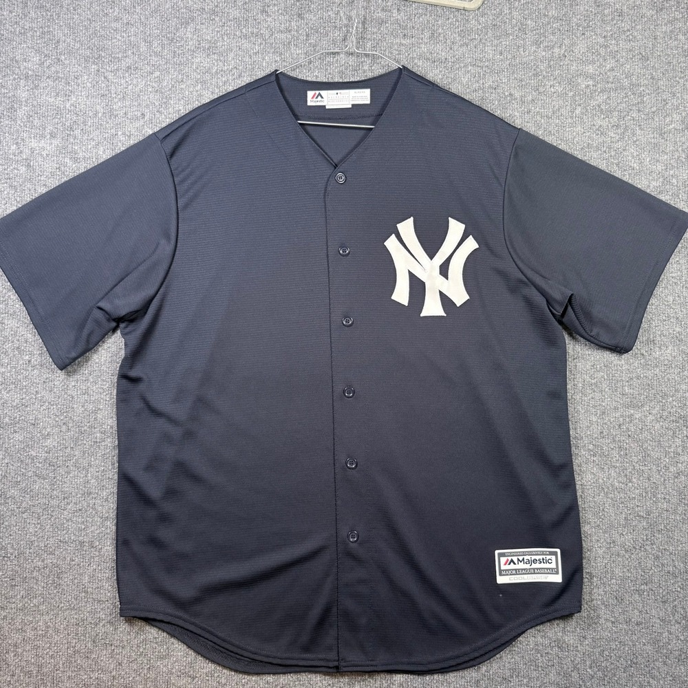 NY Yankees Majestic Baseball Jersey Mens XL Navy Blue Cool Base Button Front